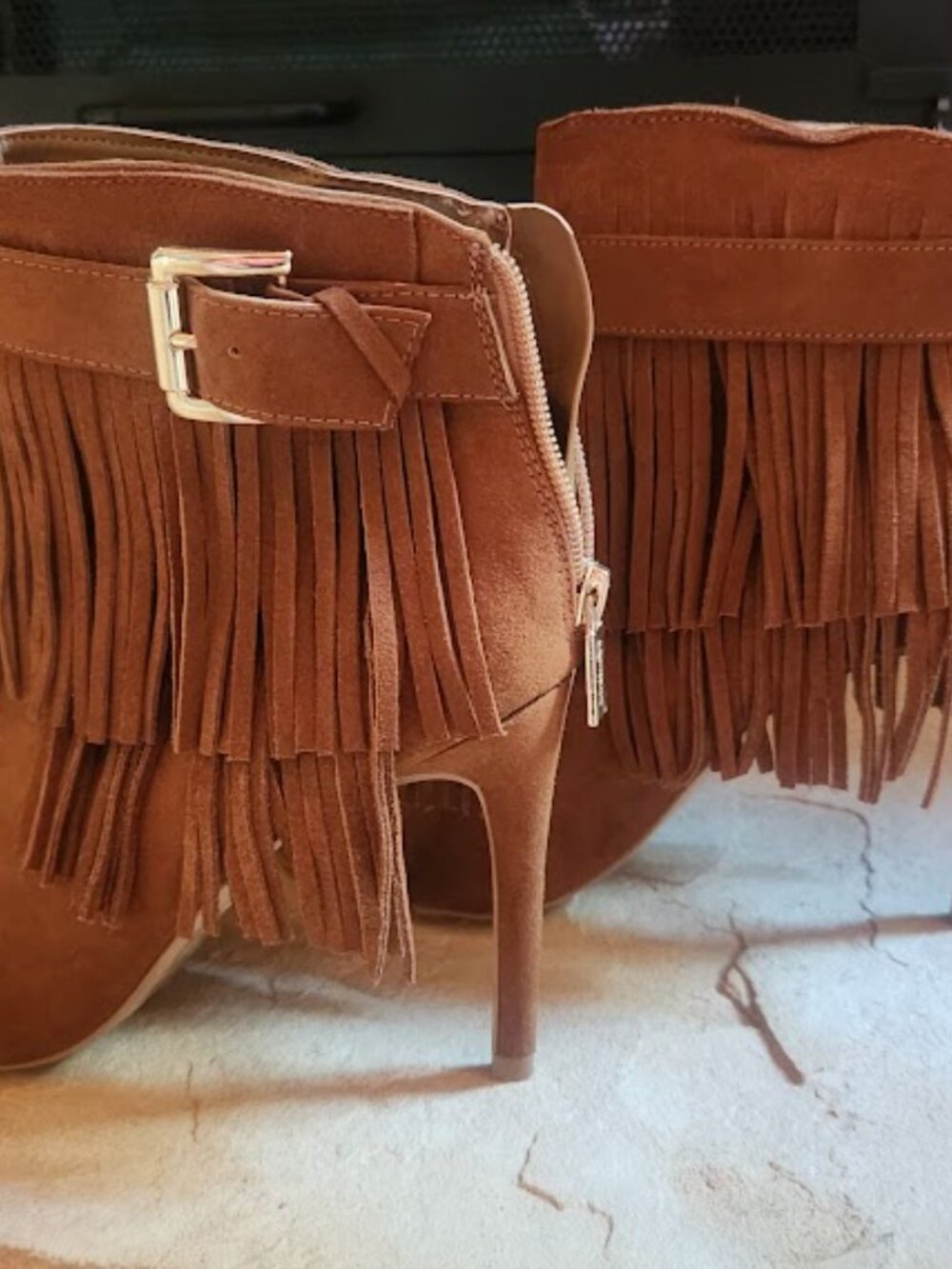 Express Fringed Suede Boots, Size 8 | Rust Tan